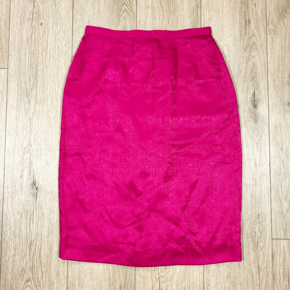 Vintage Fuchsia 100% Silk Pencil Midi Skirt Pink Textured Jacquard Size 12 28"